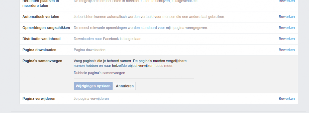 Facebook pagina instellingen samenvoegen